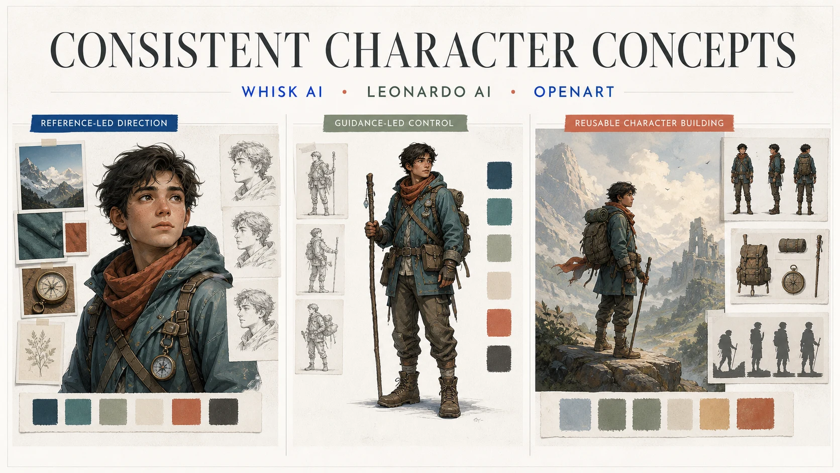 Editorial cover comparing reference-led direction, guidance-led control, and reusable character building across Whisk AI, Leonardo AI, and OpenArt.