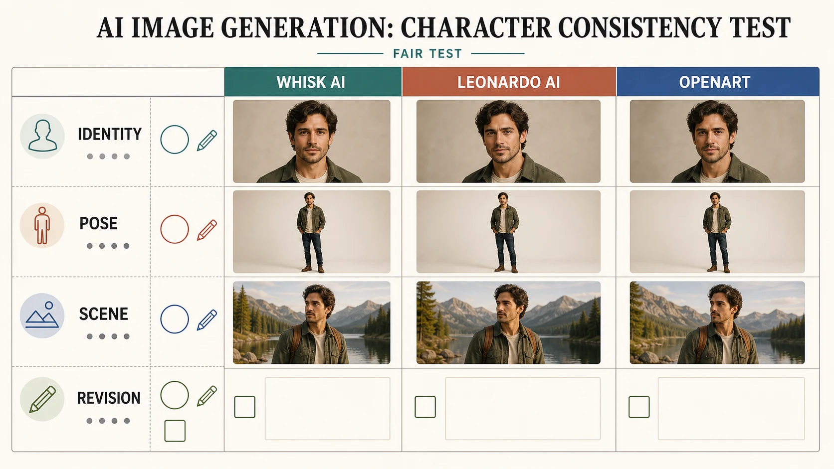 Neutral comparison board for a three-way character consistency test across identity, pose, scene, and revision. | Whisk AI