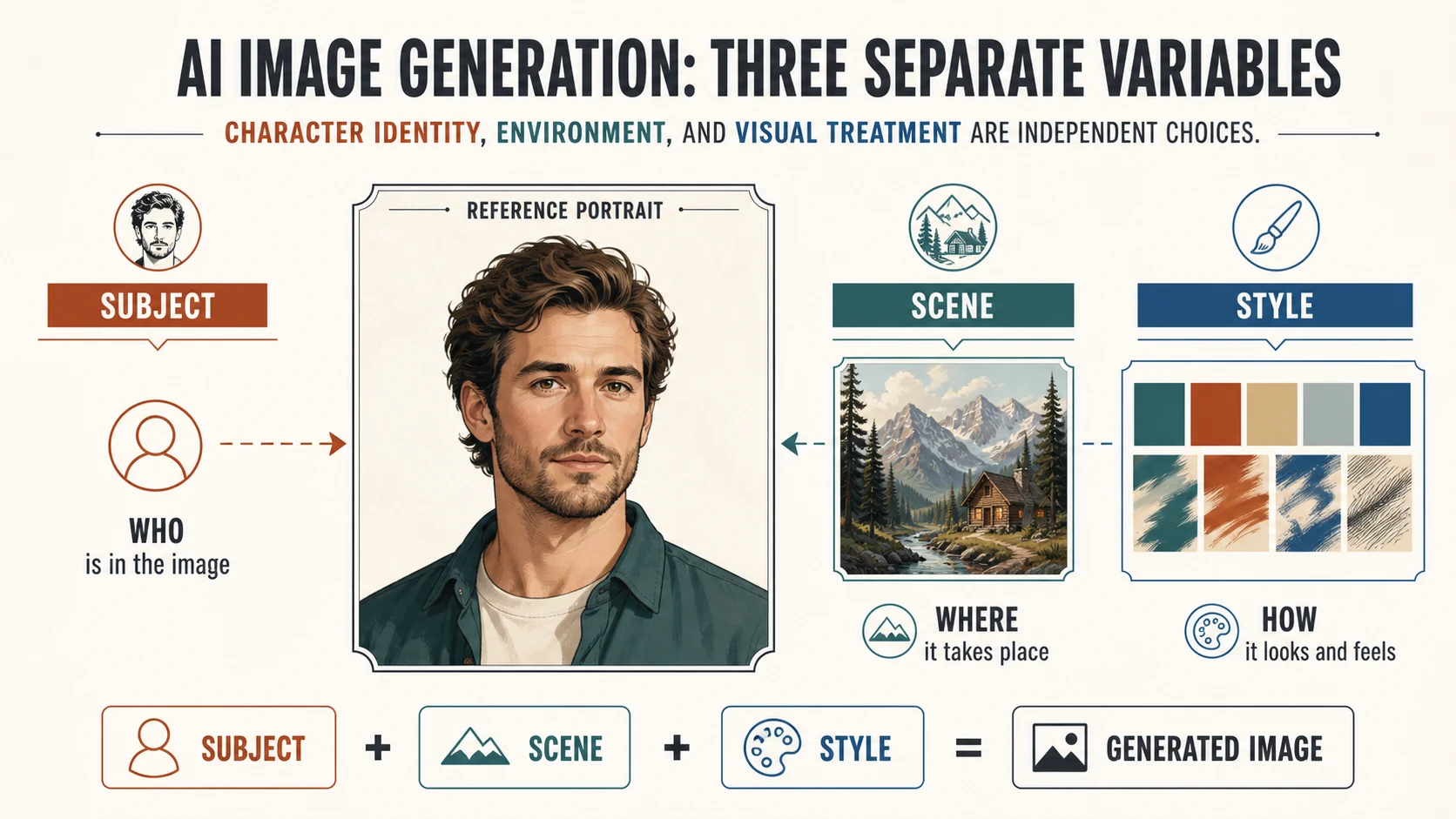 Infographic separating character identity, environment, and visual treatment into Subject, Scene, and Style variables. | Whisk AI
