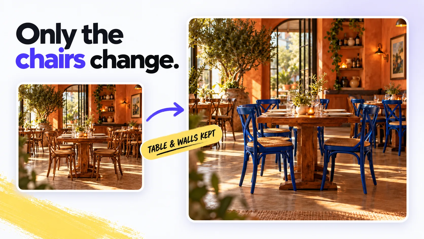 Comedor con las sillas cambiadas a azul y la mesa y las paredes intactas