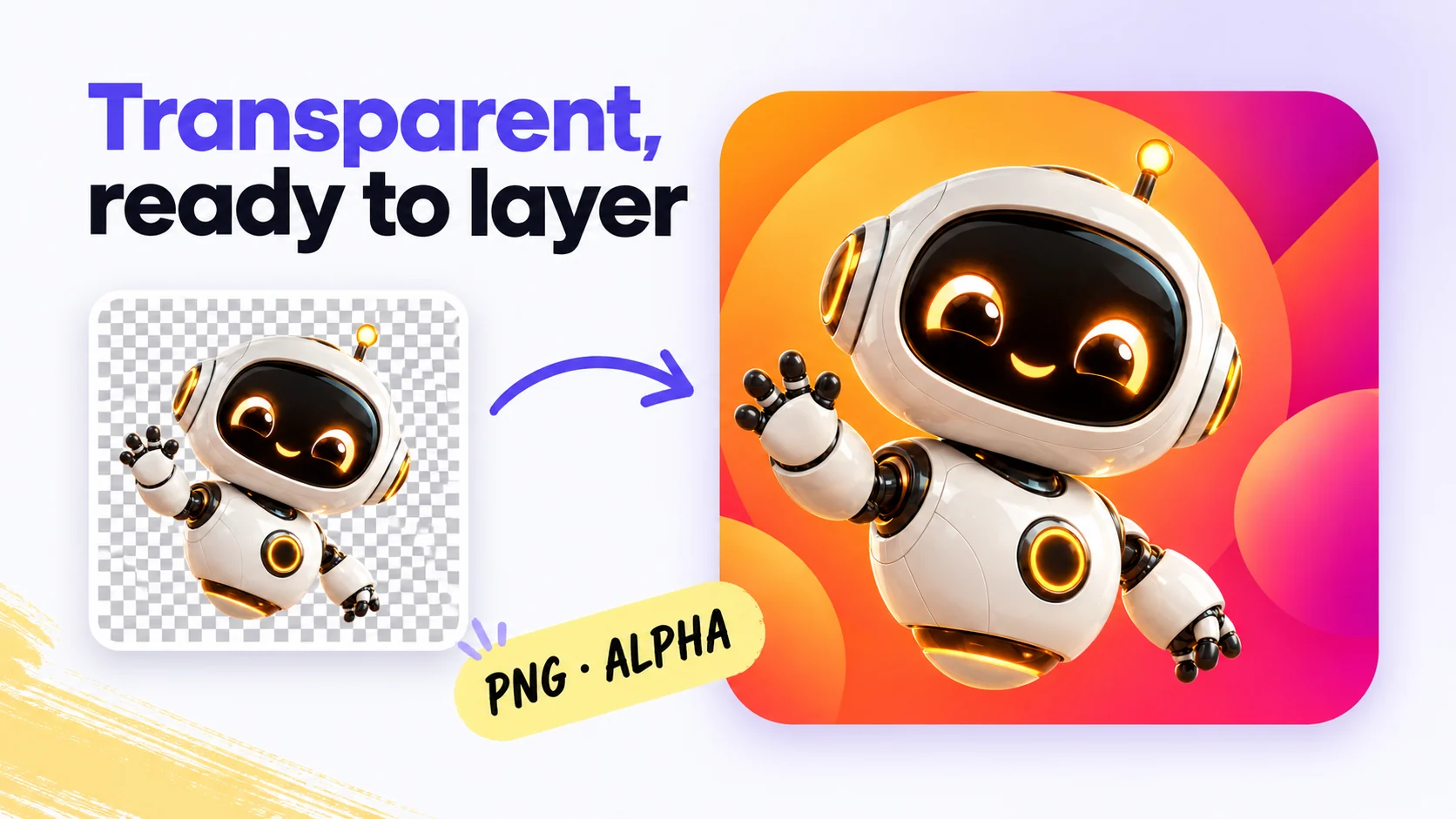 Mascota robot con fondo transparente sobre la portada de un pódcast