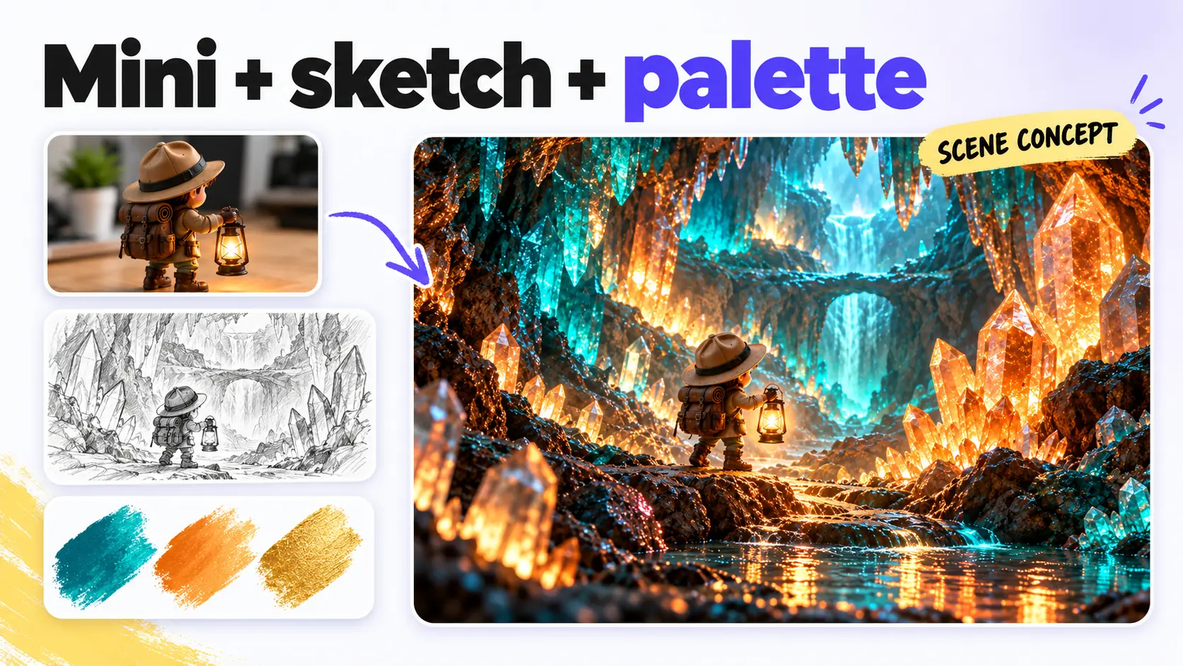 Miniatura, boceto de una cueva y paleta combinados en una escena de juego