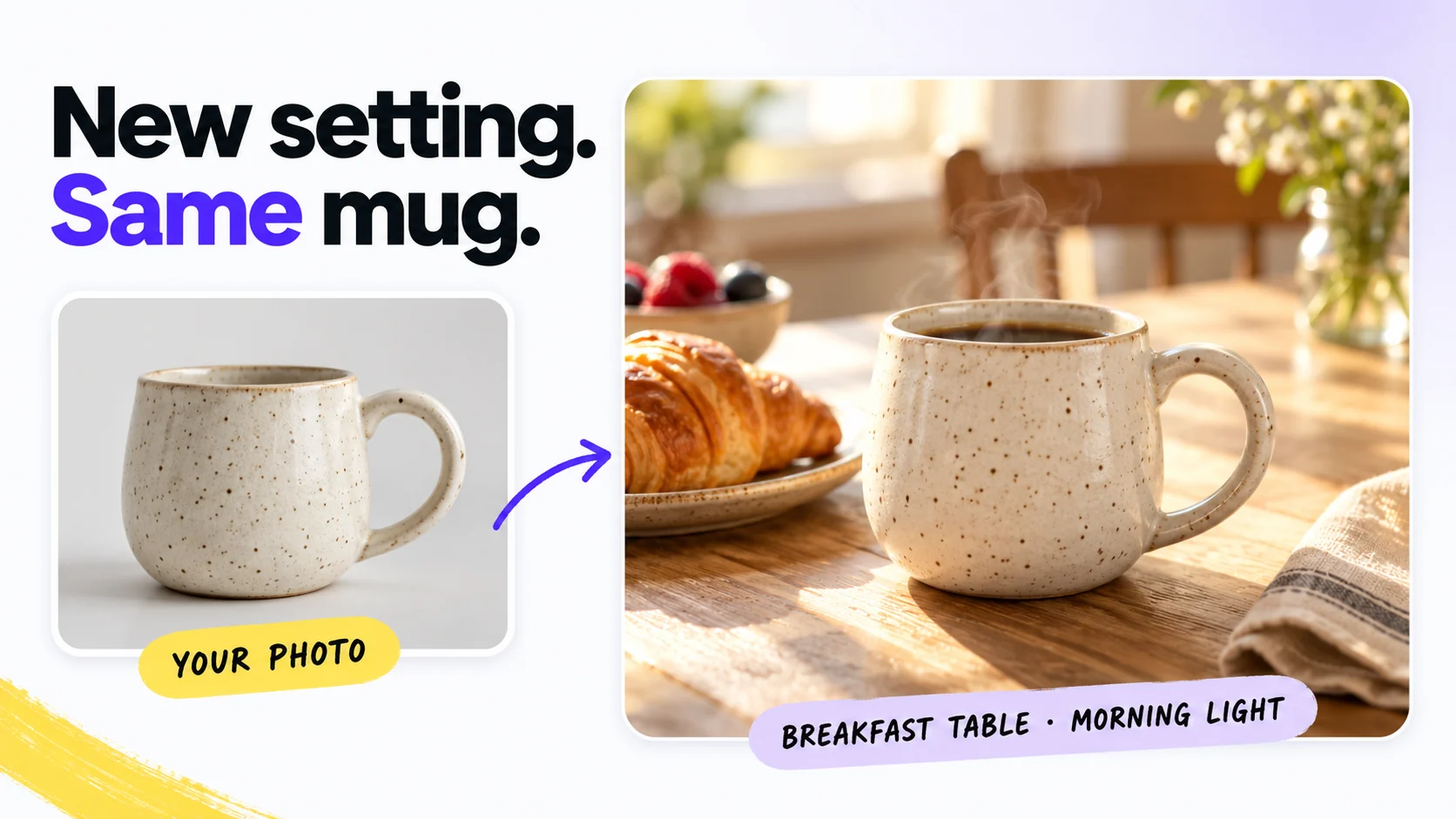Foto sencilla de una taza ambientada en una mesa de desayuno iluminada por el sol